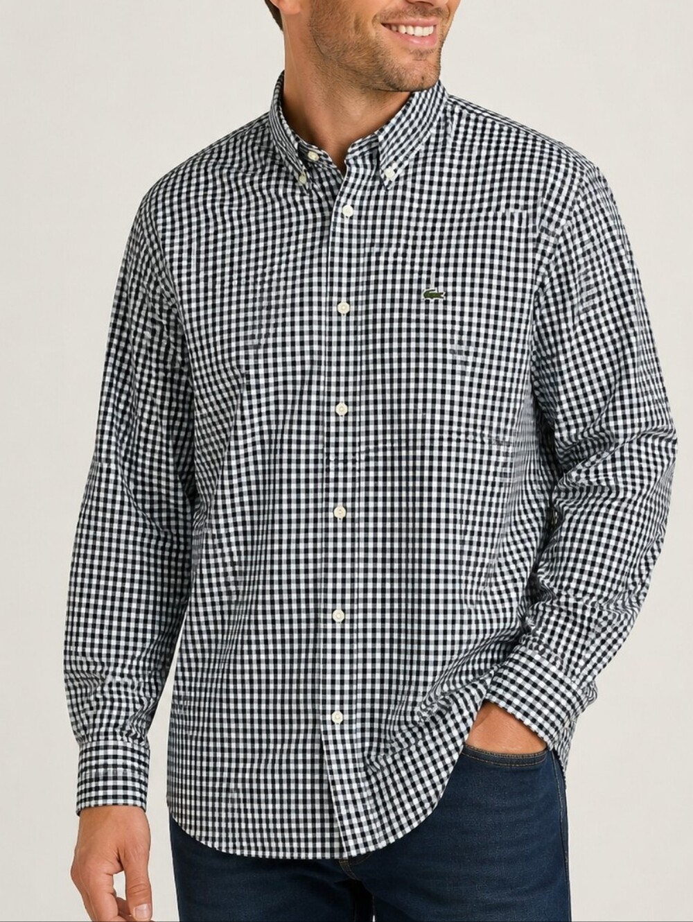 Lacoste Men's 2XL Black White Gingham Check Button Down Shirt Regular Fit